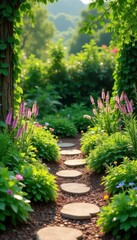 Obraz premium Garden with native plants and recycled materials, eco-friendly garden, recycling in gardening