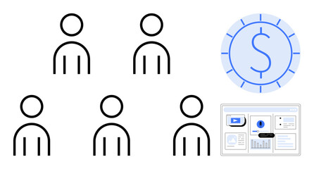 Five minimal human icons, a financial dollar symbol, and a digital dashboard screen. Ideal for teamwork, networking, finance, analytics, collaboration digital business management. Simple flat