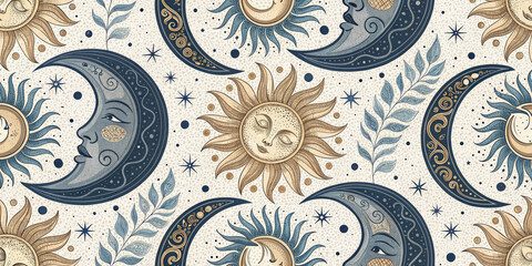 Whimsical celestial pattern with sun and moon faces, stars and leaves in a vintage style
