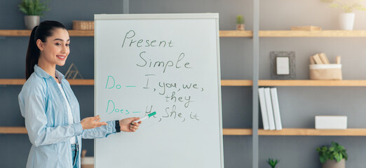Be safe, modern education, online class. Smiling friendly young arabian woman teacher or tutor...