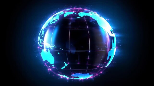 Futuristic video concept of a glowing digital globe with neon lights. The camera angle captures a dynamic, rotating view of Earth in space. Live desktop wallpaper.