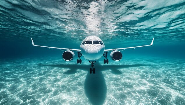 Photograph of airplane wreck underwater with divers exploring.