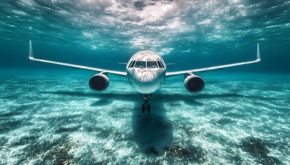 Airplane lies underwater, surrounded by marine life and silence.