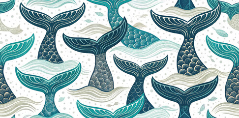 Enchanting mermaid tails gracefully swim through artistic waves in a whimsical underwater fantasy pattern