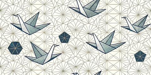 Elegant origami cranes dance across a modern geometric Japanese inspired pattern design