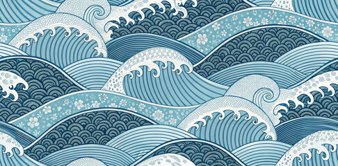 Stunning Japanese wave pattern with delicate floral accents, perfect for serene design projects