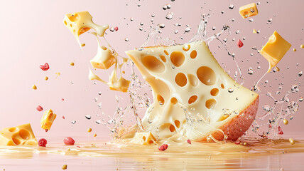 Cheese Wedge Splashing into Water with Pink Background