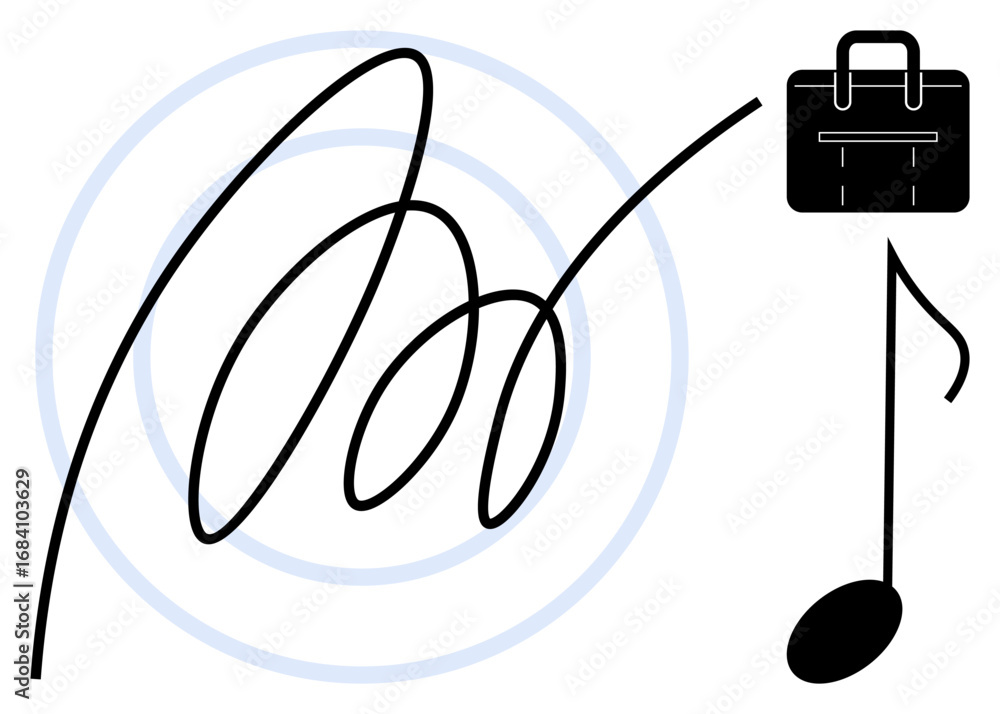 Poster elegant abstract signature encircled by soft concentric lines, paired with a business briefcase and 