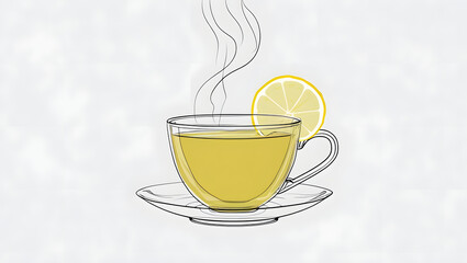 Minimalist flat lay of a steaming herbal tea cup with a fresh lemon slice on a seamless white background, high-resolution clean stock photo for branding, advertising