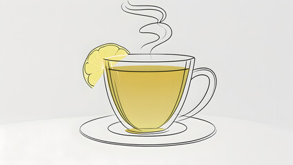 Minimalist flat lay of a steaming herbal tea cup with a fresh lemon slice on a pure white seamless background, ultra-clean high-resolution stock photo for branding, menus, ads, wellness marketing