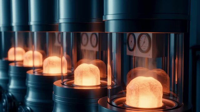 Detailed view of siliconcarbide crystal ingots growing inside sublimation furnaces in a sterile temperaturecontrolled facility.