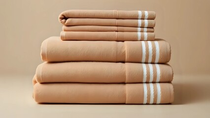 Warm Neutrals: Stacked Beige and White Striped Towels in Soft Light
