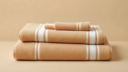 Minimalist Luxury: Neatly Folded Earth-Toned Towels with Subtle Stripes