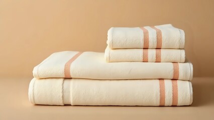 Cozy Simplicity: Elegant Stack of Beige Towels with White Stripe Accents