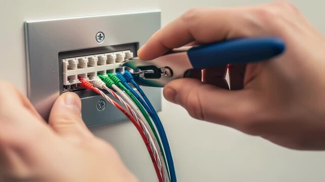 Hands performing a clean punchdown of twisted pair cables into an Ethernet keystone jack embedded in a wall plate.