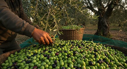 Traditional Olive Harvest in a Mediterranean Grove at Golden Hour