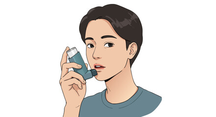 Person with asthma inhaler. Young man using asthma inhaler while standing indoors  