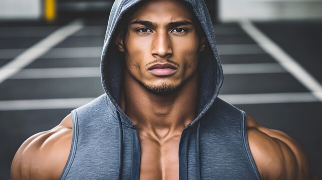 Muscular Man in Hoodie Intense Portrait Fitness - Powered by Adobe