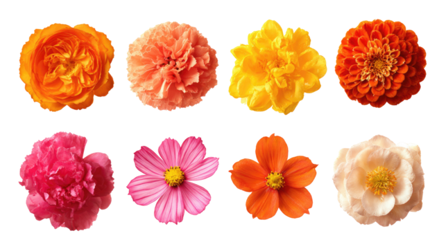 Nine colorful flowers in a horizontal row