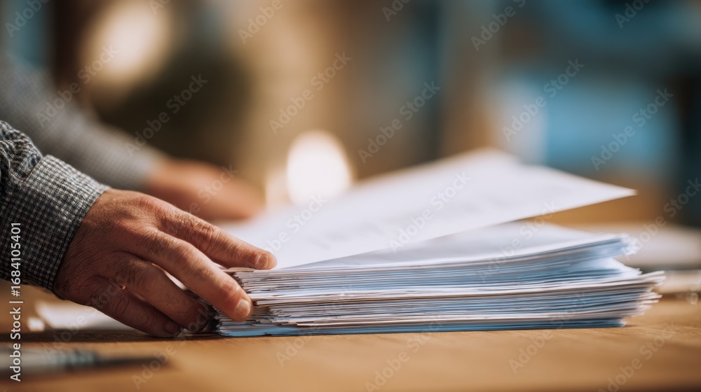 Poster medium shot closeup of hands organizing data stewardship guidelines printed on paper the documents v