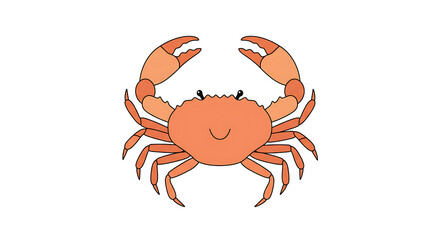 An adorable cartoon illustration of a happy orange crab with its claws raised high in a welcoming gesture against a pristine white background, showcasing its cheerful demeanor and coastal charm.	