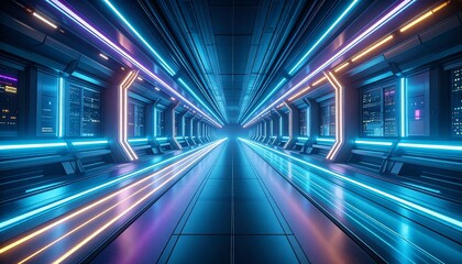 Obraz premium Futuristic Sci-Fi Neon Corridor with Glowing Lights