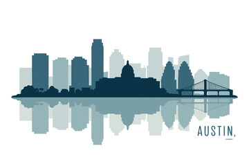 Fototapeta premium Modern Austin skyline vector illustration with downtown cityscape and capitol dome reflected on water, showcasing the Texas capital's iconic architecture and urban appeal