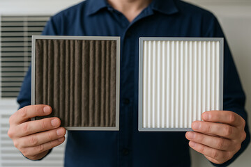A person holds two air filters, one dirty and one clean, highlighting the importance of regular maintenance for air quality.