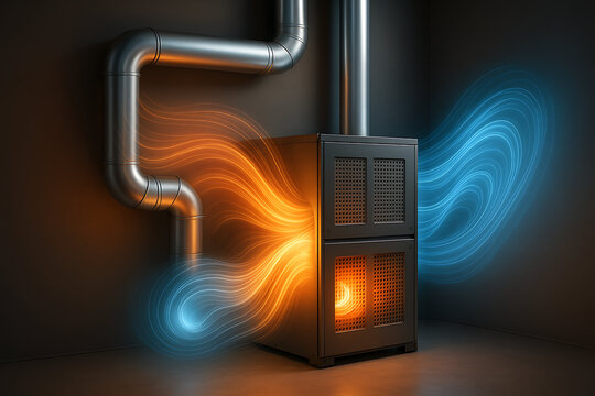 A modern heating system with metal ducts showcasing warm and cool air flow, emphasizing efficient climate control in a sleek environment.