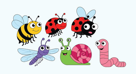 Cartoon Bugs: Bees, Ladybugs, Dragonfly, Snail, and Worm