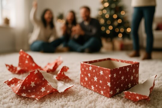  A close-up of crumpled red holiday wrapping paper and empty gift boxes on a soft carpet, with a blurred family gathered near a glowing Christmas tree in the background.