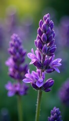 Obraz premium Close-up vibrant purple lavender blossoms, dew-kissed , Provence, fresh lavender
