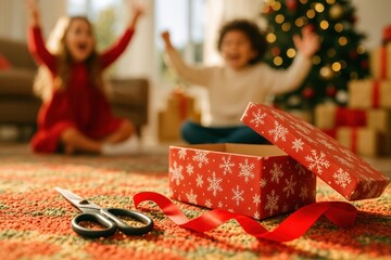Fototapeta premium Two joyful children in festive attire cheer with raised arms near a gift box, red ribbon, and scissors on a patterned rug. 
