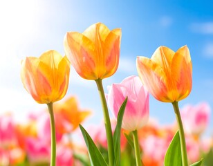 Three vibrant tulips, orange and pink, stand out against a soft blue sky, bathed in sunlight.