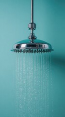 Chrome shower head spraying water against a teal wall