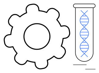 Gear beside test tube with DNA strand highlights intersection of technology and biology. Ideal for biotech, innovation, research, bioengineering, genetics, healthcare, science. Simple flat metaphor