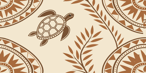 Elegant Polynesian tribal turtle and leaf pattern with warm earth tones evokes serenity and coastal vibes