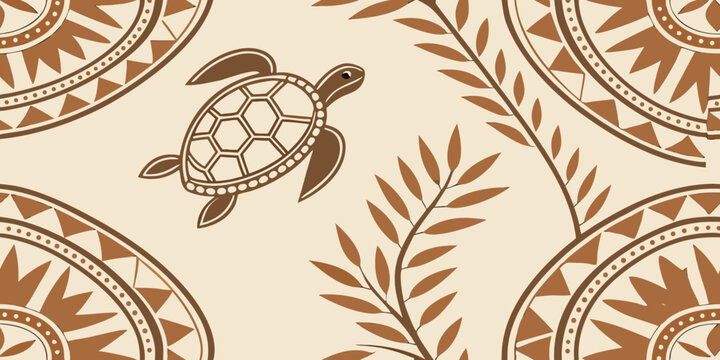 Elegant Polynesian tribal turtle and leaf pattern with warm earth tones evokes serenity and coastal vibes