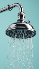 Close-up of a chrome shower head spraying water against a teal backdrop