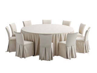 Round banquet table with beige cloth and chairs