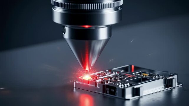 Closeup view of laser welding nozzle focusing infrared light onto micro biosensor casing highlighting advanced manufacturing precision.