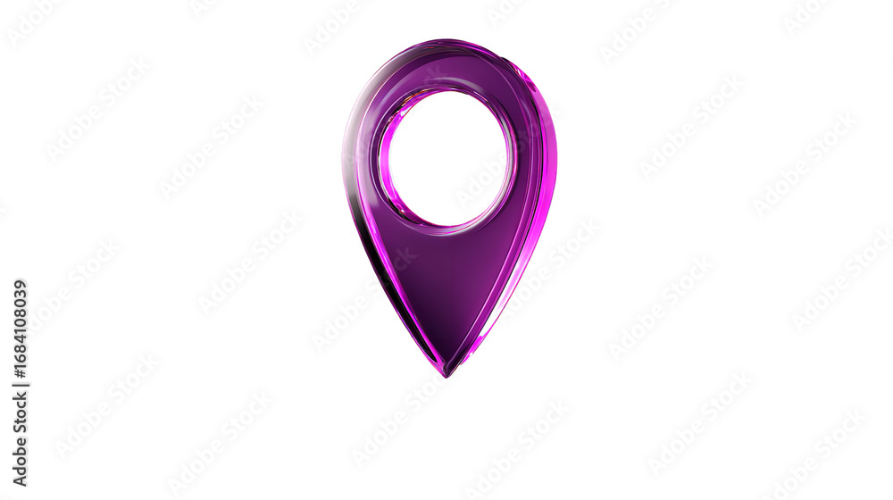 Poster shiny purple glass location pointer icon with circular center on transparent background