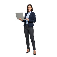Confident and professional businesswoman holding a laptop, ready to present innovative business solutions with a friendly smile and modern style for corporate success.