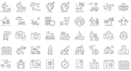Line art icons depicting travel and vacation themes, including backpacking, beaches, globes, airplanes, hotels, ships, maps, passports, and other related symbols.