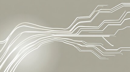Abstract circuit board design.  Light gray lines, curves, and branching connections on a muted beige background.  Soft gradient effect adds depth