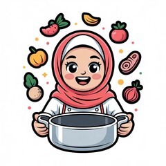 Cute Chef Girl Hijab holding a pan with Cartoon style. People Food Icon Concept with flat Cartoon Style