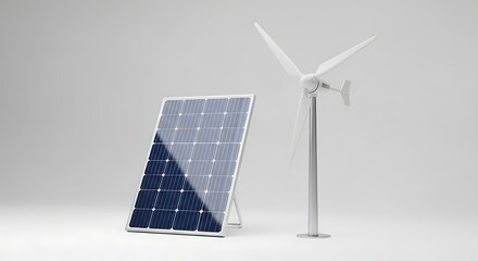 White wind turbine and solar panel on gray background renewable energy clean energy