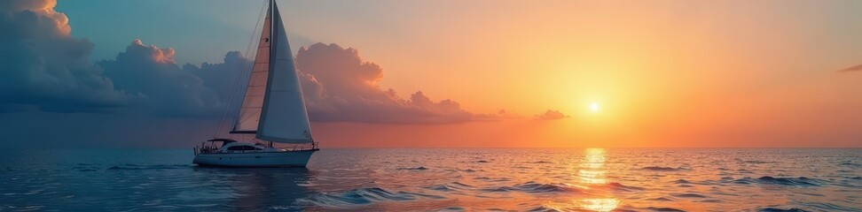 Obraz premium Gentle sailboat sailing across serene ocean at dusk, serenity, peaceful, waves