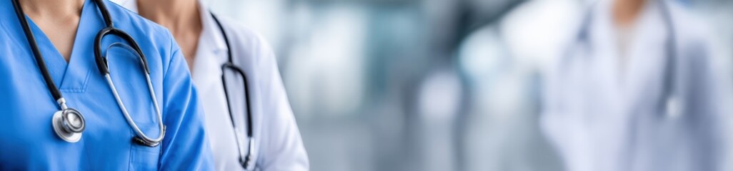 Close up of doctors and nurses wearing stethoscopes, representing healthcare and medical professionals working together