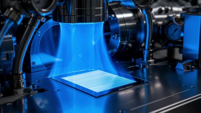Diamond growth process inside a CVD reactor illuminated by blue plasma highlighting thinfilm deposition for advanced semiconductor devices.